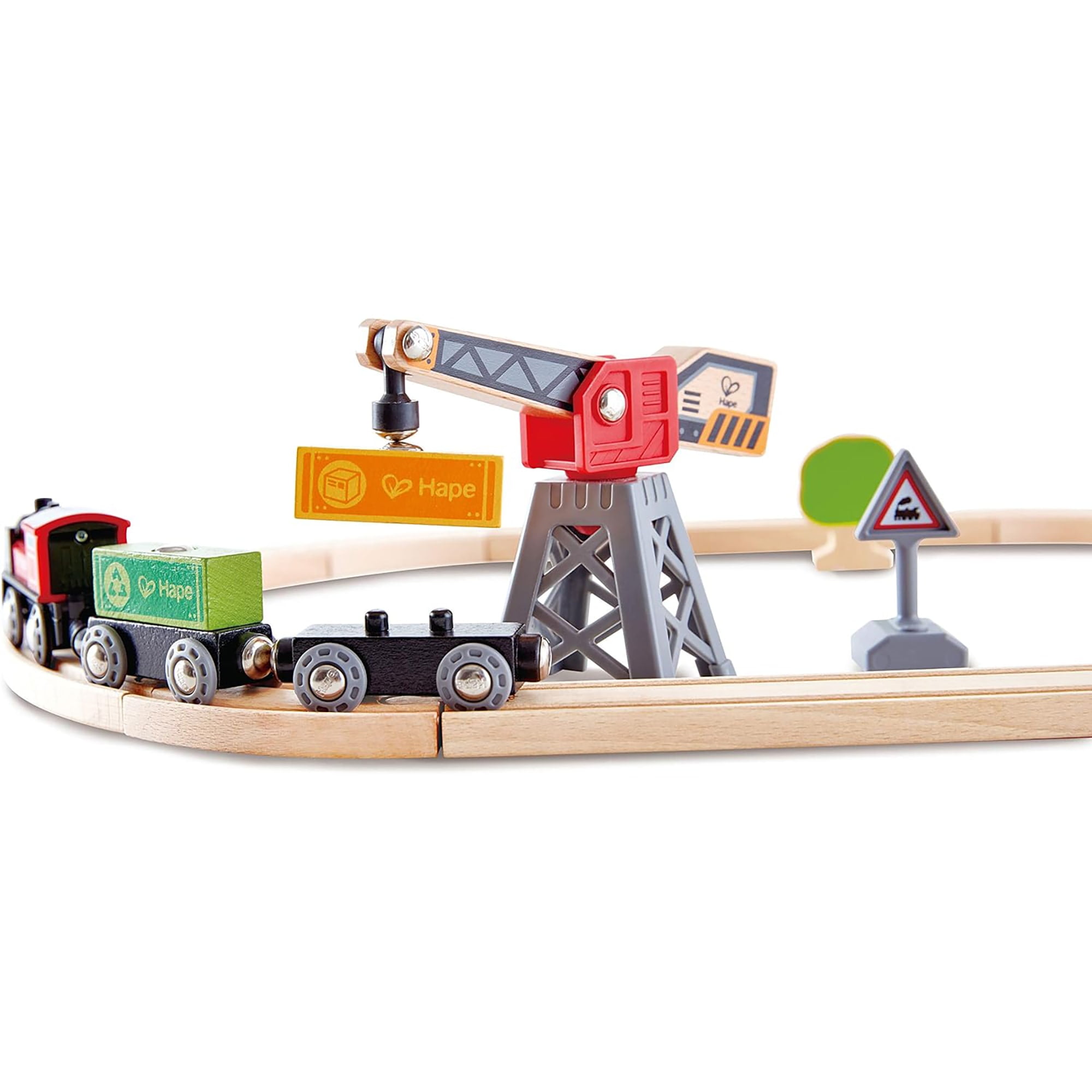 Hape: Cargo Delivery Loop - Battery Powered Engine, Oval Track Railway Set, Wooden Toy, 3 Magnetic Linking Trains, Crane, Accessories, Kids Ages 3+