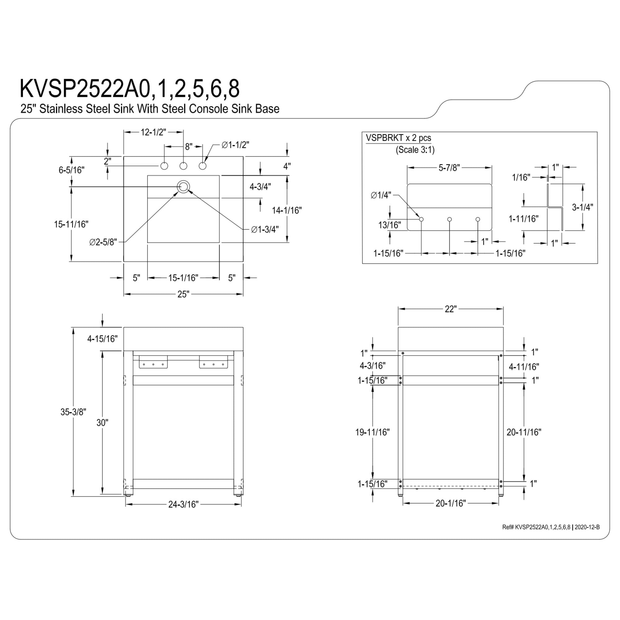Kingston Brass KVSP2522A6 Kingston Commercial 25" Stainless Steel Console Sink with Steel Base (8-Inch, 3-Hole), Brushed/Polished Nickel