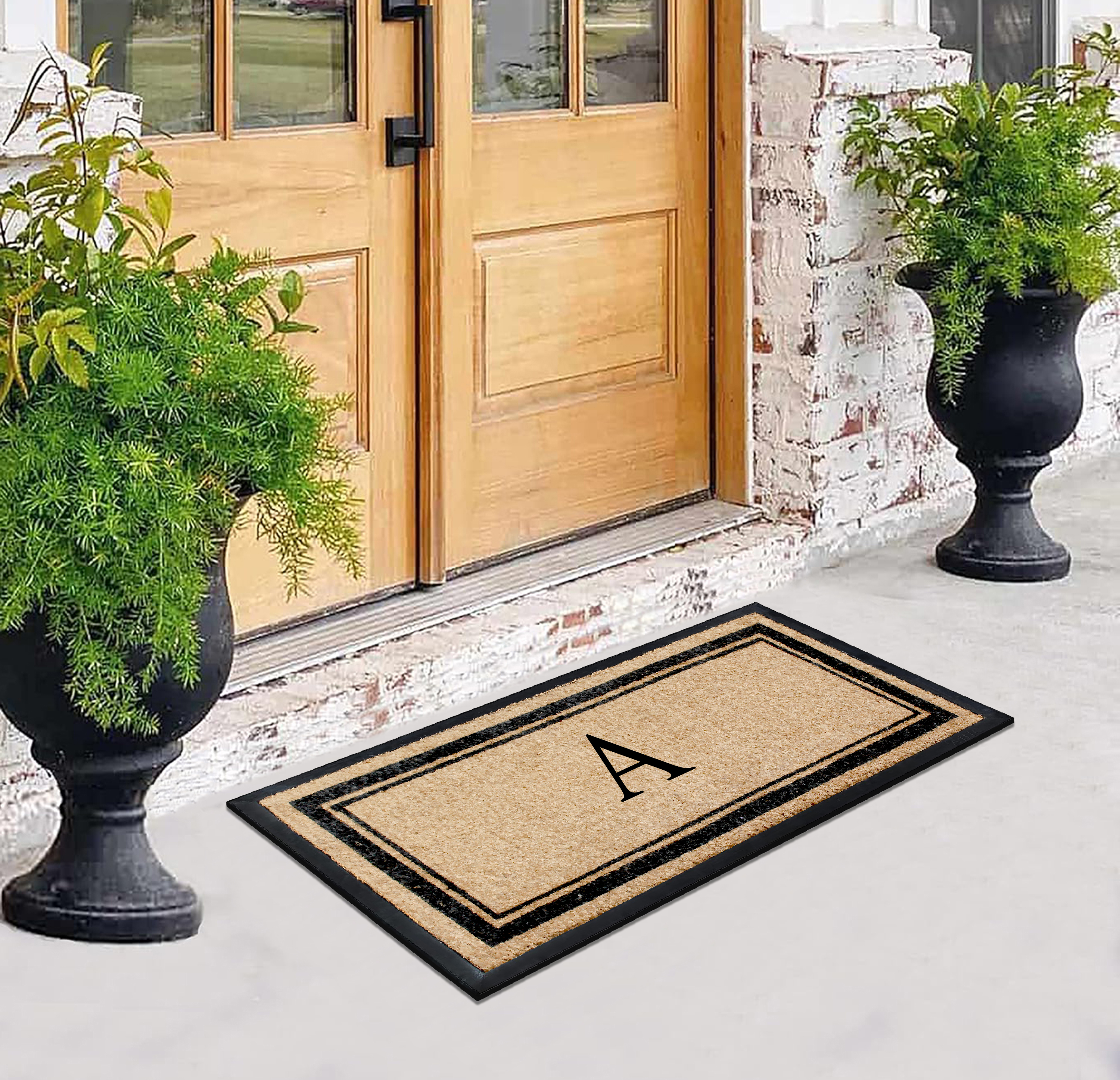 A1HC Natural Coir & Rubber 24"x48" Monogrammed Plain Border Door Mat, Heavy-Duty, Low-Profile, Anti-Shed, Easy to Clean, Outdoor