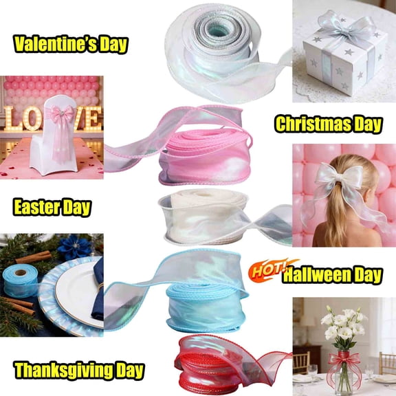 KOYPTL Iridescent Organza Ribbon 30ft,Sheer Wired Shimmer Chiffon Ribbons Sparkly Fishtail Yarn Ribbons for Gift Wrapping Floral Bouquet Wedding Cake Costume DIY Bows Valentine Easter Christmas Red