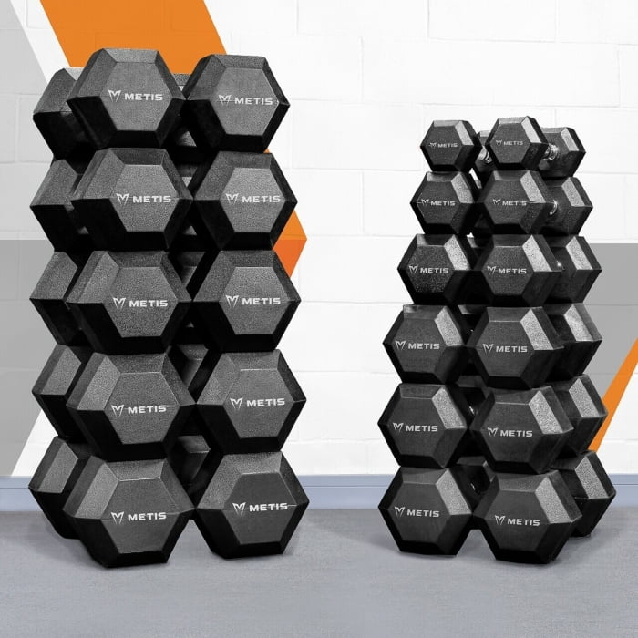 METIS Hex Dumbbells [Pair] | Premium Rubber-Coated Free Weights for Home & Gym Workouts | Full Set & Rack Available [5.5lbs – 110lbs]