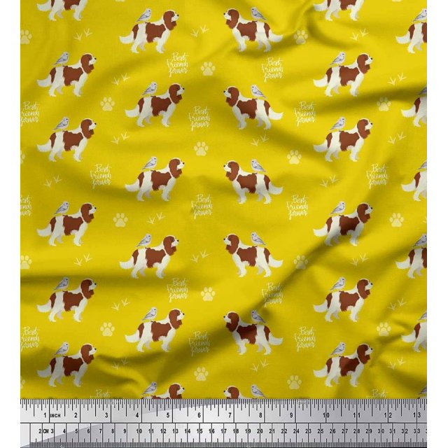 Soimoi Yellow Rayon Fabric Bird,Paw & Cocker Spaniel Dog Print Sewing Fabric Yard 42 Inch Wide