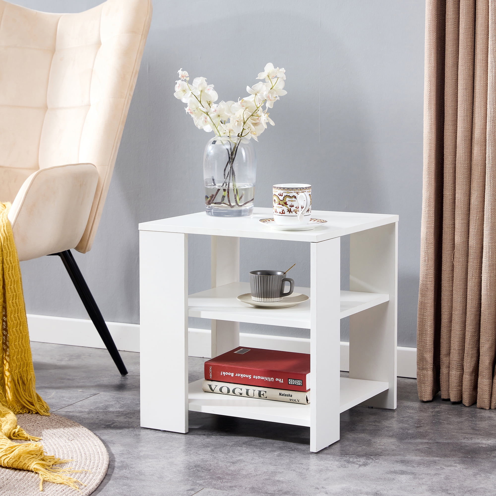 Kadyn End Table, Square Side Table Modern Night Stand with 2-Tier Storage Shelf, Living Room Small Coffee Table, Wood Finish Bedside Table for Bedroom, White Kadyn End Table, Square Side Table Modern Night Stand with 2-Tier Storage Shelf, Living Room Small Coffee Table, Wood Finish Bedside Table for Bedroom, White