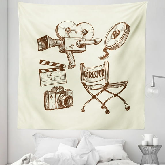 Movie Theater Tapestry, Photography and Cinema Vintage Set in Sketch Art Style Director Shooting, Fabric Wall Hanging Decor for Bedroom Living Room Dorm, 5 Sizes, Beige Brown, by Ambesonne