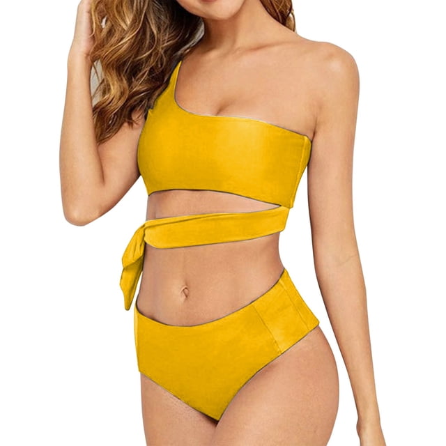 B91xZ Bikinis de Mode pour Femmes Col Rond Rehausseur Rembourré Brésilien String Maillot de Bain, Jaune TG