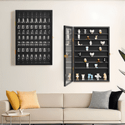 Ymokee Large Wall-Mounted Curio & Shot Glass Display Case 72 Slots with Acrylic Lockable Door & Removeable Shlves for Home, 26.85 x 17.5 x 3.35, Black
