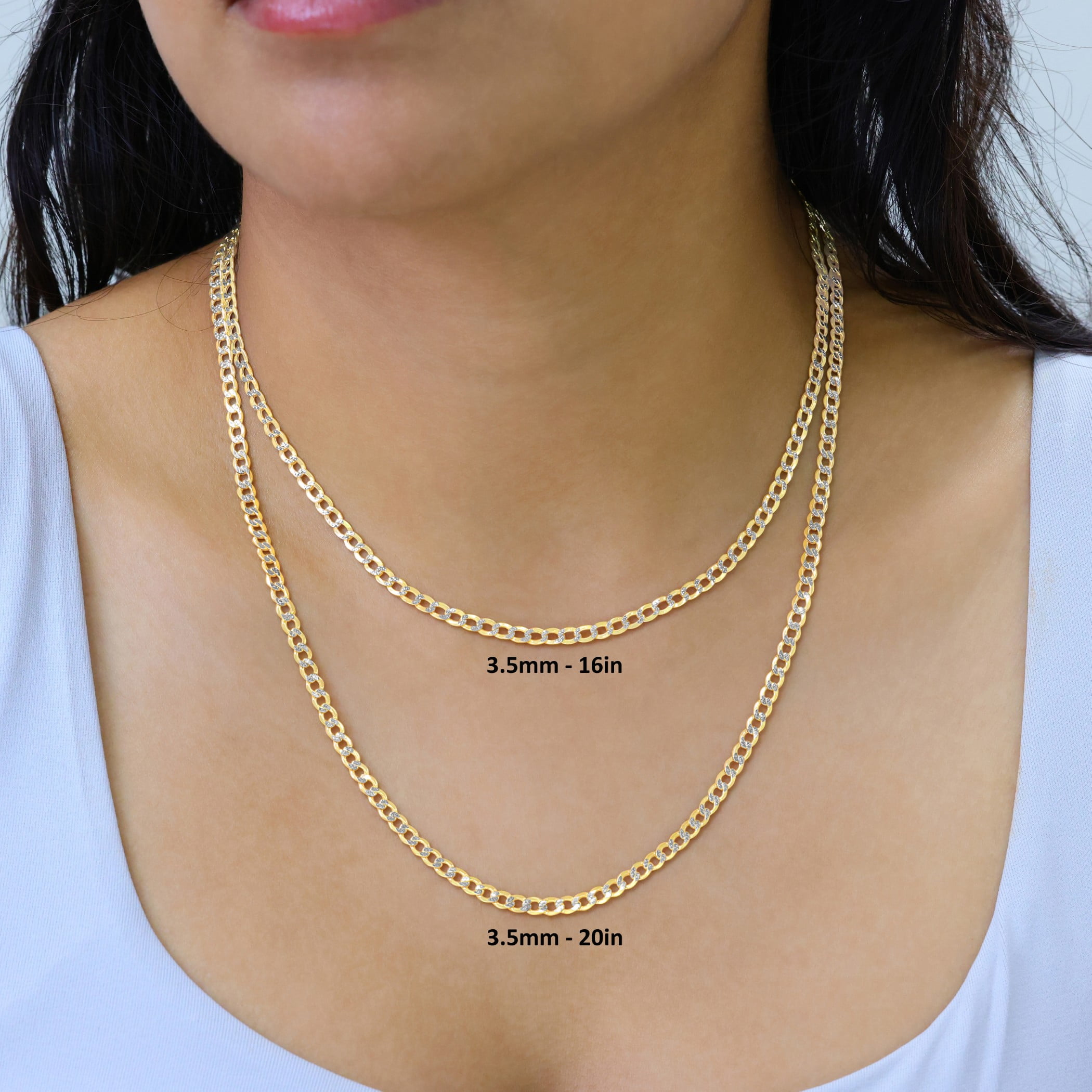 Nuragold 10k Real Yellow Gold Cuban Curb Link 3.5mm Diamond Cut Pave Chain Necklace (16"-30") Two Tone Italian Jewelry for Men & Women