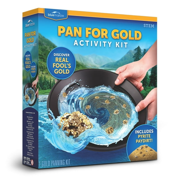 Blue Marble Gold Panning Kit for Kids with Pay Dirt with Real Pyrite Specimens, Reusable Gold Panning Pan, Vial, Tweezers & More