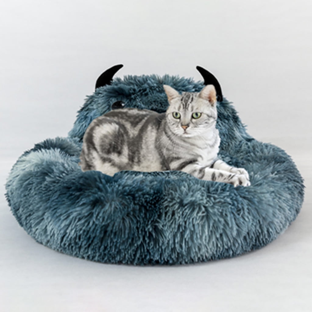 PureCasa Semi-Enclosed Cute Dog Cat Bed for Fall Winter, Comfortable Long Plush Fluffy Pet Pad House Thermal Kennel, Creative Sleeping Cushion Pads for Small Cats Dogs, Round, 1 Pack, L, Blue