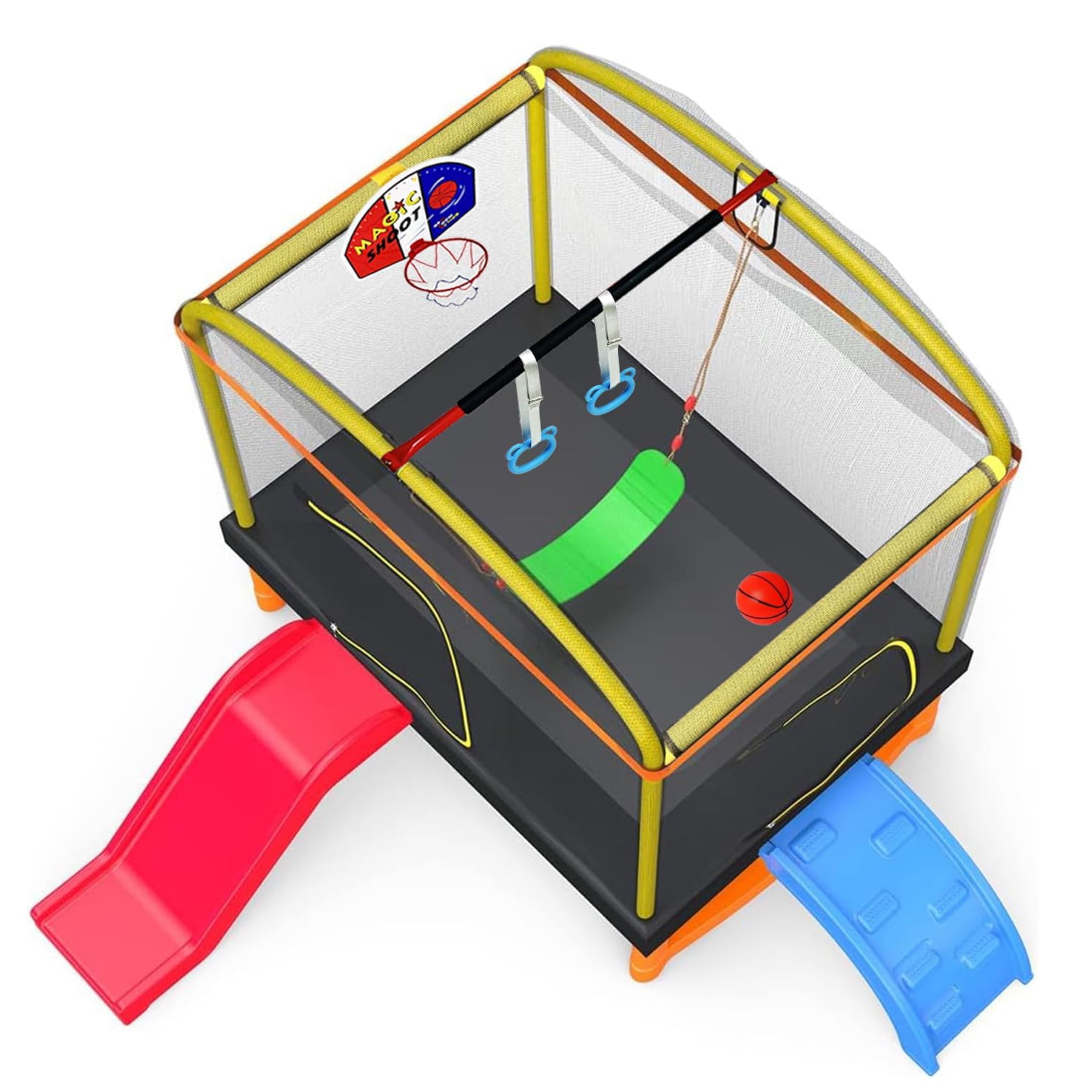 LANGXUN 6.5Ft 7-in-1 Rectangle Trampoline for Kids, with Climb, Slide, Swing, Basketball Hoop, Multi-Functional Indoor Outdoor Baby Toddler Mini Trampoline for Girls and Boys Birthday Gift, Age 1-10