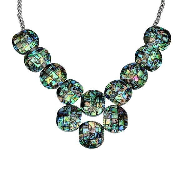 Vibrantly Colorful Abalone Shell Mosaic Linked Medallion Bib Necklace