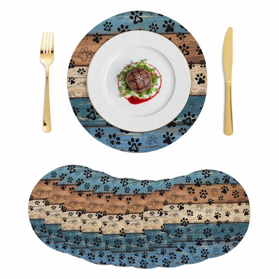 Navy Blue Brown Round 13 Inch Placemats Set of 8, Rustic Farmhouse Dog Paw Vintage HeatResistant Non Slip Place Mats for Dining Table, Wipeable Braided Kitchen Table Mats for Housewarming