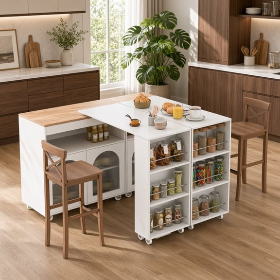 K&K Rolling Kitchen Island with Extended Table, LED Lights and Power Outlets, White