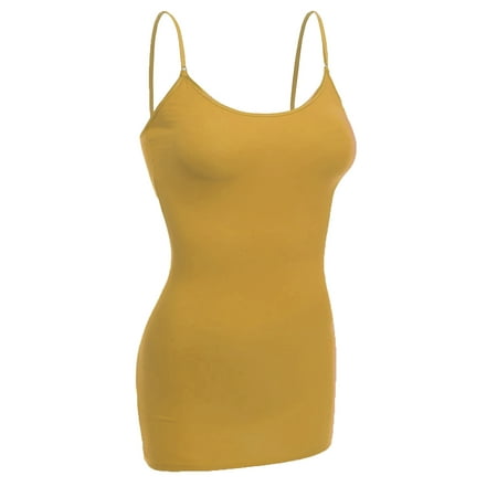 

Essential Basic Women Basic Built In Bra Spaghetti Strap Cami Top Tank - Mustard L