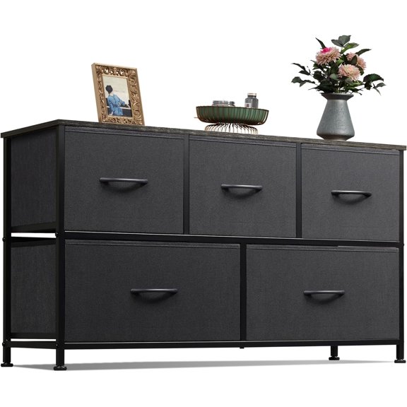 WLTER Dresser for Bedroom with 5 Drawers, Wide Chest of Drawers, Fabric Dresser, Storage Organizer Unit with Fabric Bins for Closet, Living Room, Hallway, Charcoal Black