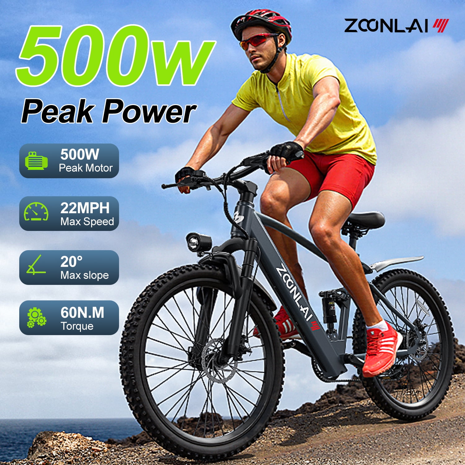 Zoonlai 26" Electric Bike for Adults, 500W Motor, 36V 13Ah, 40 Miles Range, Rear Suspension, UL2849