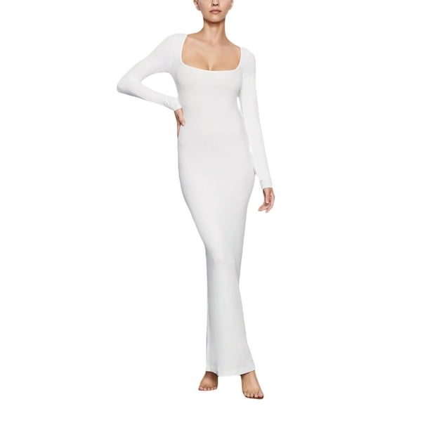 VISgogo Mujer Vestido Primavera, Manga Larga Color Liso Cuello Cuadrado Vestido Ajustado, Damas Otoño/Invierno Elástico Largo Una Pieza VISgogo moda