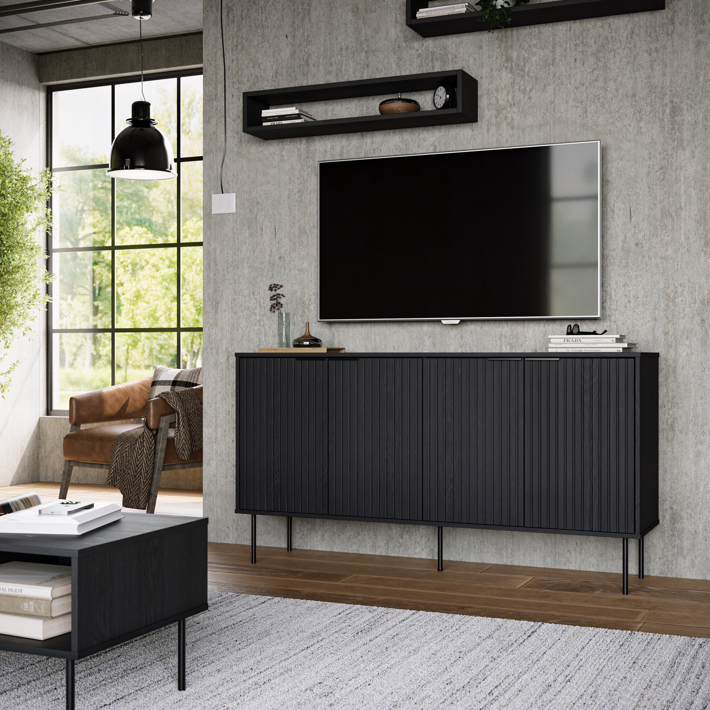 CorLiving Lysander Engineered Wood Fluted Sideboard with 4 Doors and 4 Shelves, Black