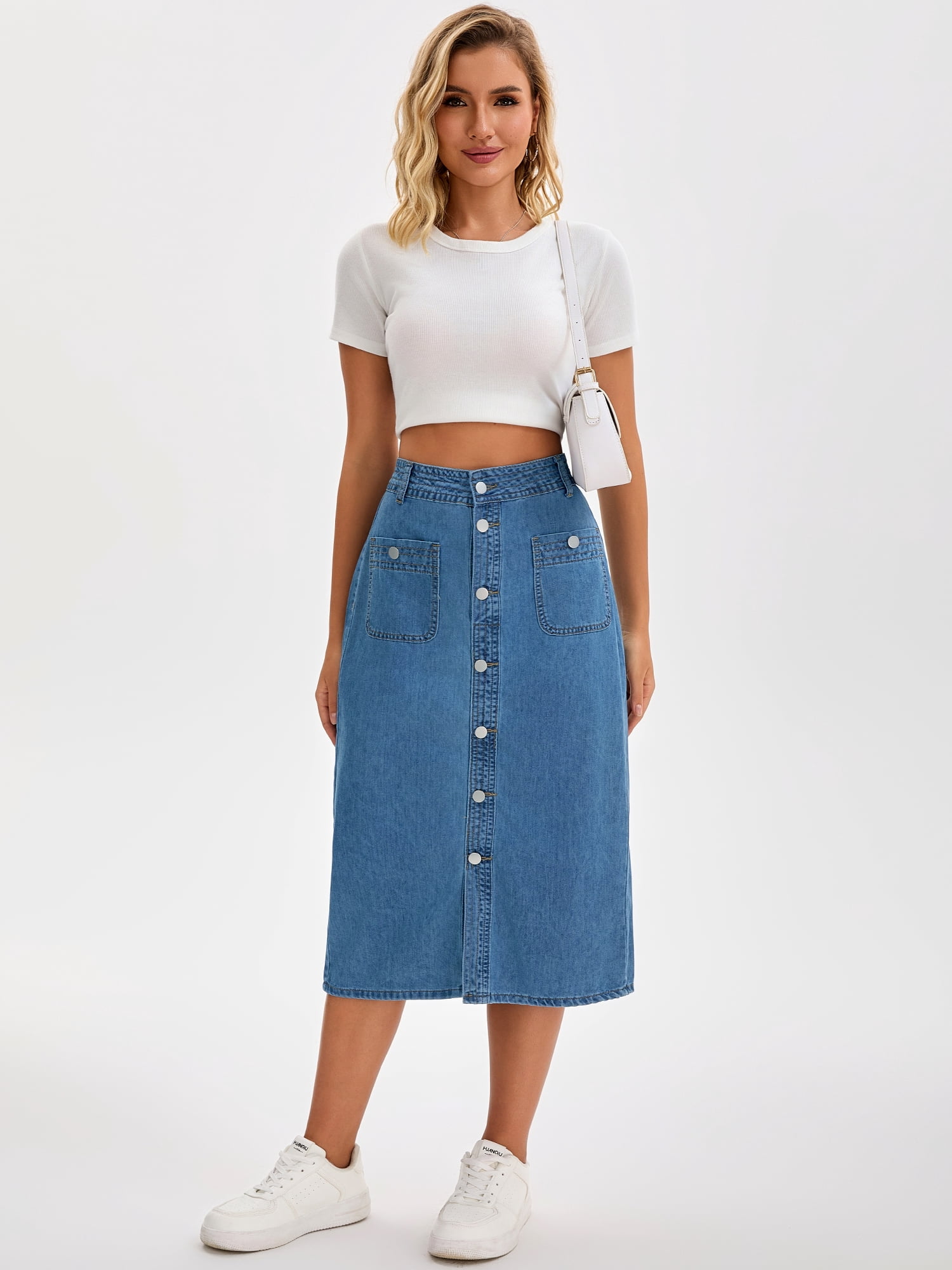 DARING DIVA Women's Slit Back Midi Denim Pencil Skirt with Pockets S Blue
