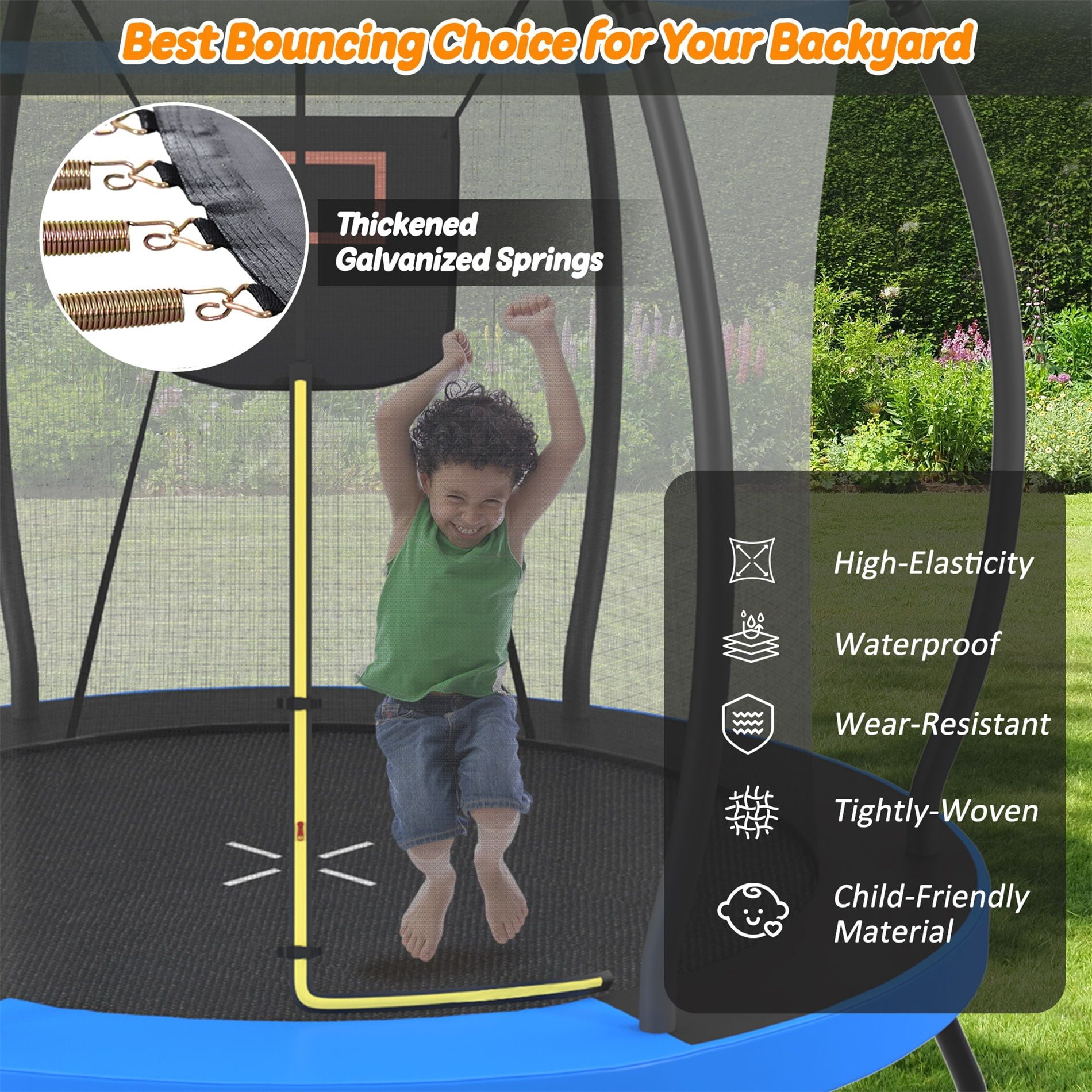 Alvantor 8ft Trampoline with Basketball Hoop, Round Trampolines for Kids with Enclosure net & Balloon Blue