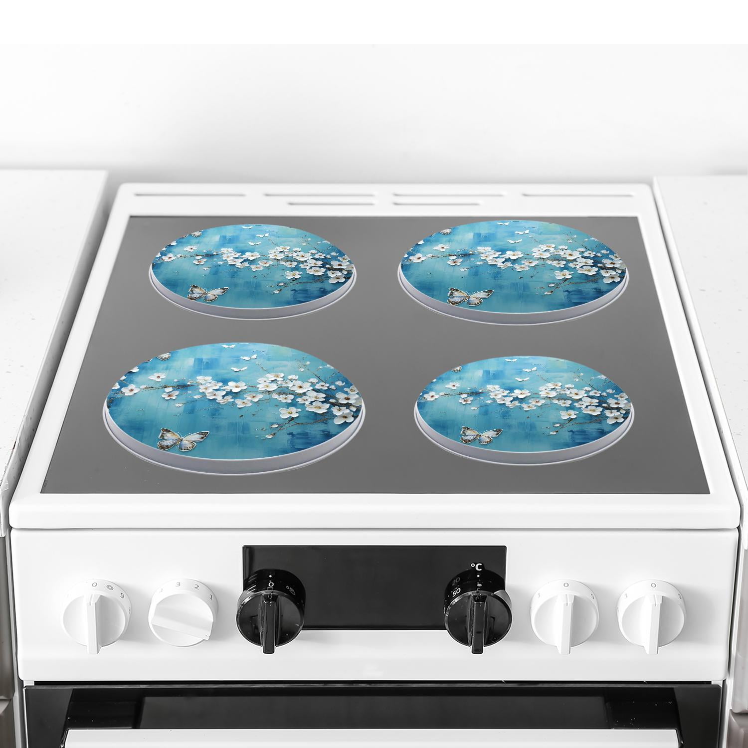 Round Stove Burner Covers 4 Pcs Round Gas Stove Burner Cover 8Inch And 10Inch for ,Blue Tulips with Willow and Butterflies pattern