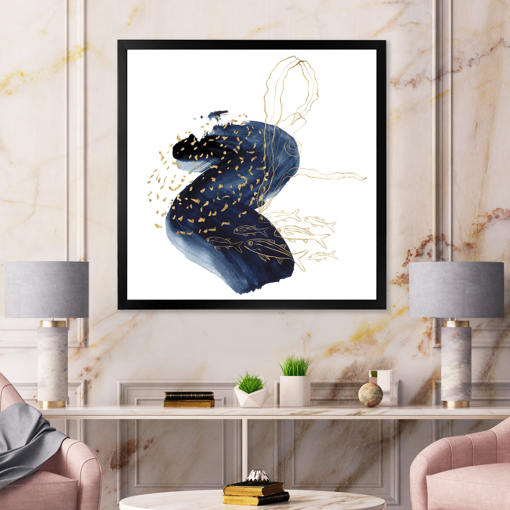 Designart 'Underwater Marine Life Classic Blue Square ' Farmhouse Framed Art Print