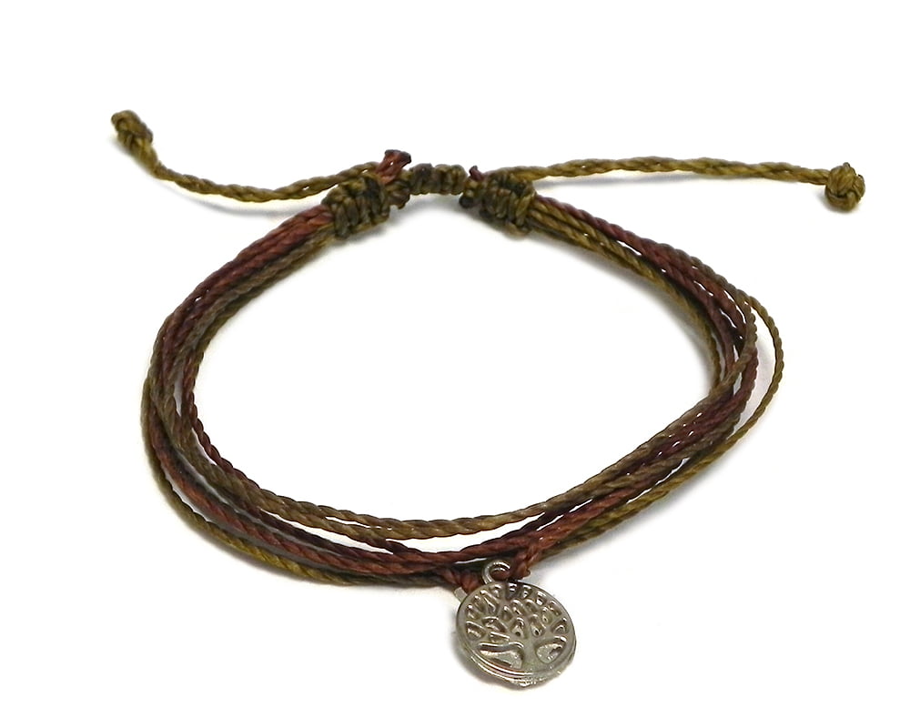 Feather and tree of life bracelet with bronze or silver charms and decorative braided cord