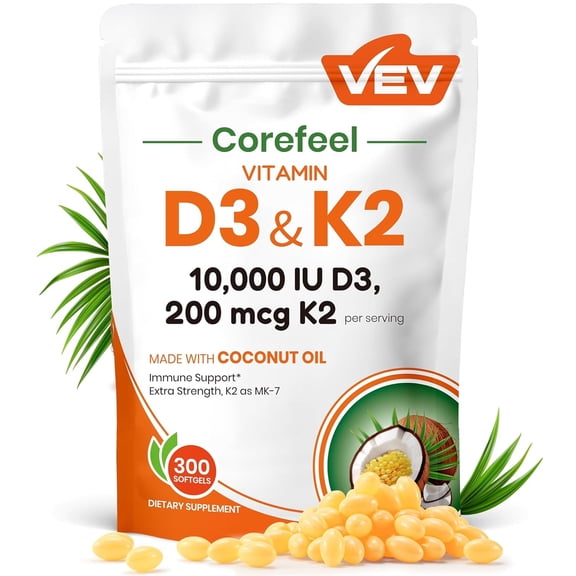 VEV Vitamin D3 K2 Softgels, D3 10000 IU K2 200 mcg, Supports Bone Health, 300 Count