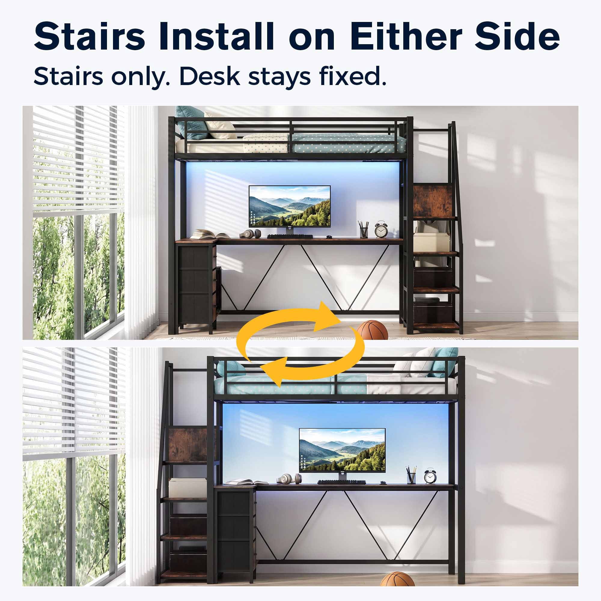 Miniyam Twin Loft Bed with L-Shaped Desk and Reversible Stairs, 3 Fabric Drawers, LED Light and Storage, Black