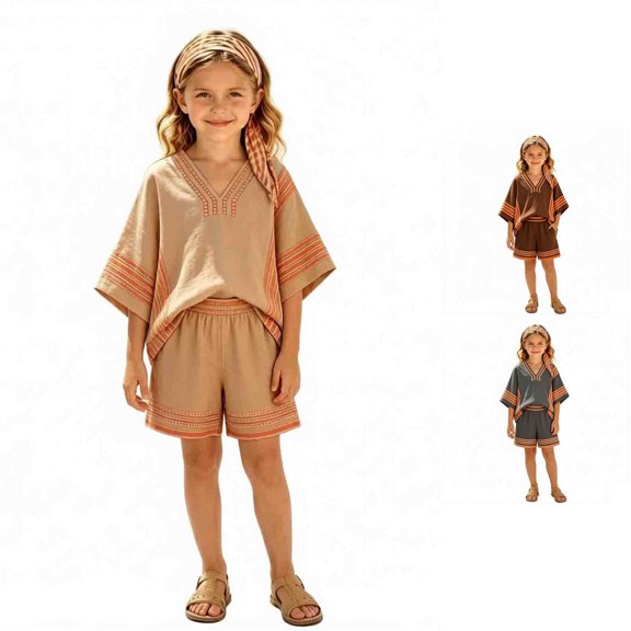 WERYOUNG Girls Bohemian Summer Outfits V Neck Half Sleeve Striped Tops Elastic Waist Shorts With Striped Headband Kids Beach Vacation Sets Soft Clothes Sets 3-4 Years