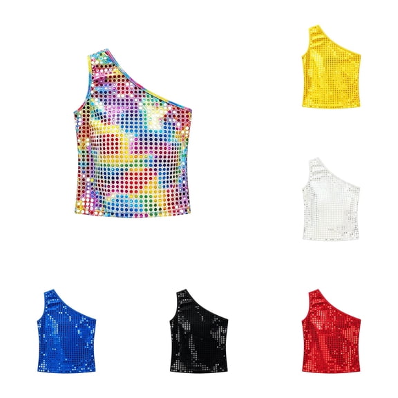 WAYUTE Girls Shirts Sequin Polka One Shoulder Sleeveless Tank Top for Kids Youth Festival Stage Performance Shirt Casual Outdoor,Multicolour