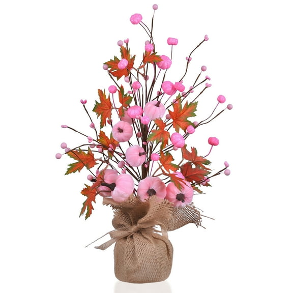 Artificial Pumpkin Halloween Decorative Tree, Pink Tabletop Decor with Coarse Cloth Ornaments, for Home Party Wedding Holiday