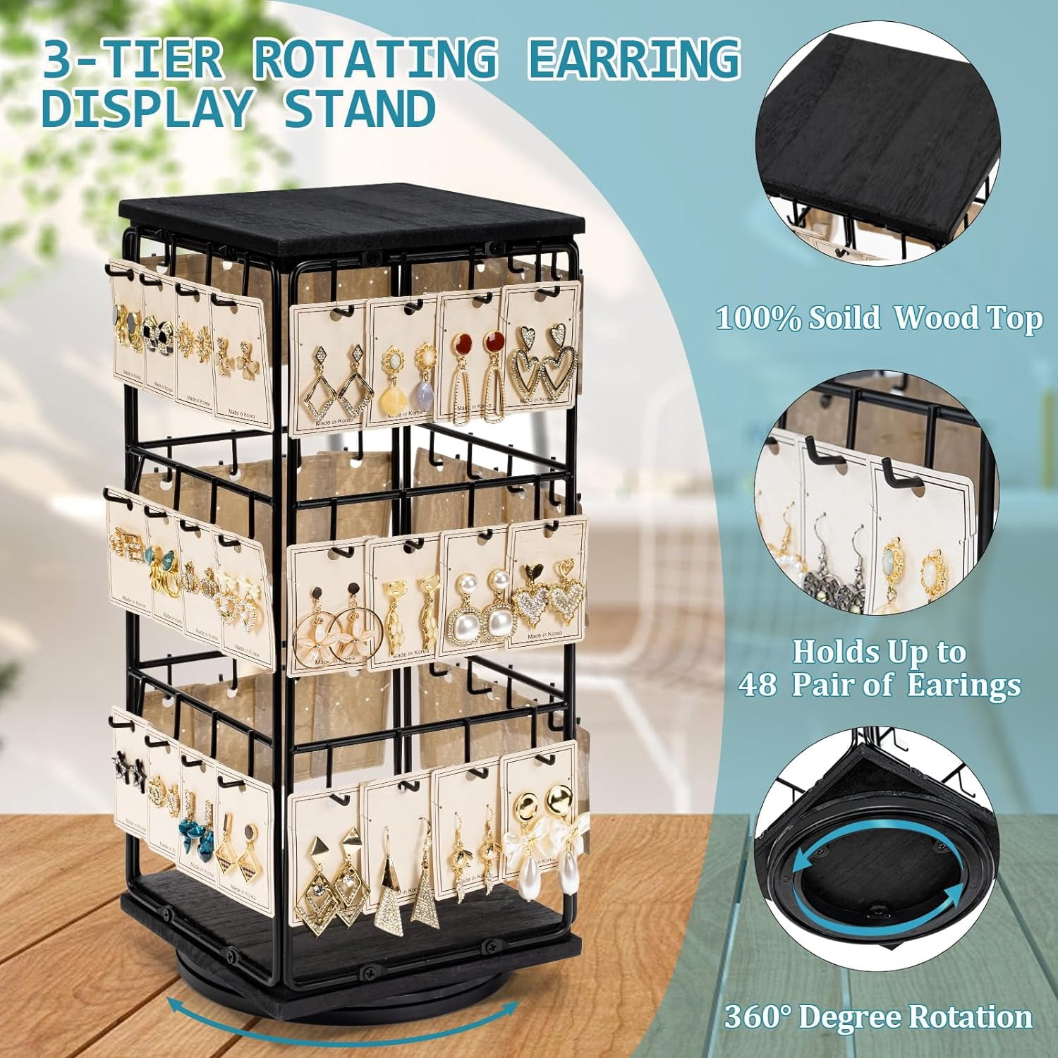 360 Rotating Earring Holder And Jewelry Organizer, 3 Tiers Large