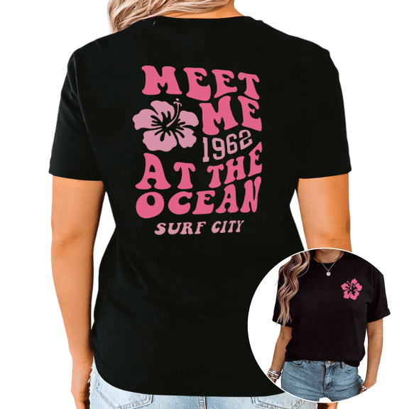 Black Meet Me At The Ocean Surf City Hibiscus Graphic Print Tshirt Graphic Tees Shirts Retro Beach Casual Tops S-5XL