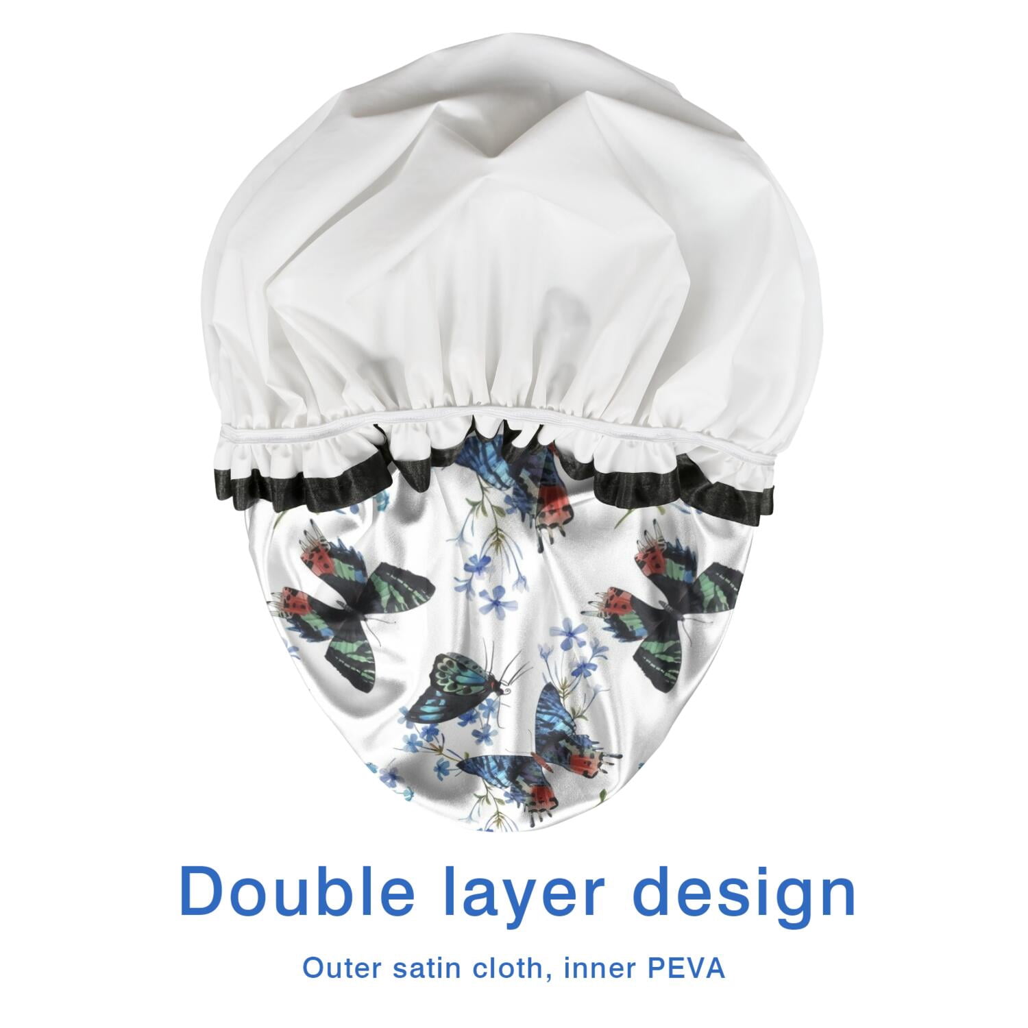 Shower Caps,White Butterfly Blue Flower Pattern Waterproof Shower Cap for Women 4 Pieces,Double Reusable Hair Cover for Shower PEVA Elastic Stretch Hem