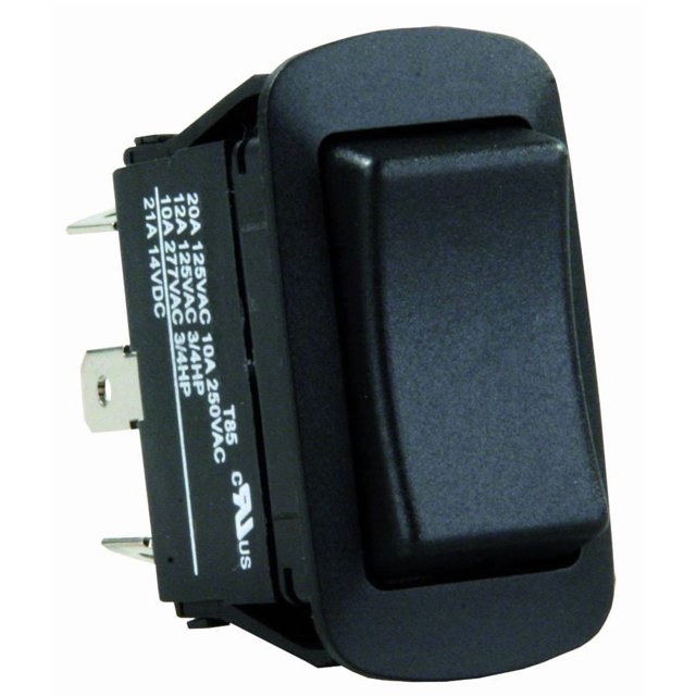 JR Multi Purpose Switch 13855 Water Resistant; Double Pole Double Throw; Momentary-On/Off/Momentary-On Switch; Rocker; 0.835 Inch x 1.457 Inch Cutout; 0.984 Inch x 0.500 Inch Switch; Non-Lighted