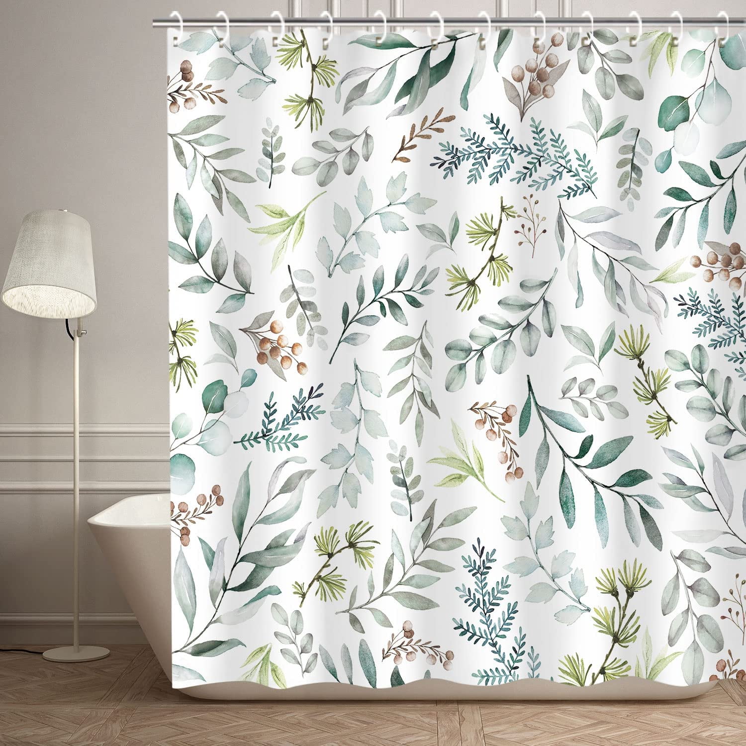 Green Eucalyptus Shower Curtain, Leaves Shower Curtain, Botanical Nature Plant Shower Curtain, Spring Sage Green Leaves Shower Curtain Set with 12 Hooks, 72Wx84H