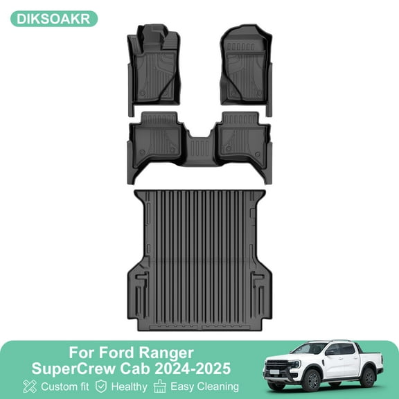 DIKSOAKR For Ford Ranger SuperCrew Cab 2024-2025 Floor Mats & 5FT Truck Bed Mat - 1st & 2nd Row Car Accessories Custom Fit All Weather Cargo Liner for Ford Ranger