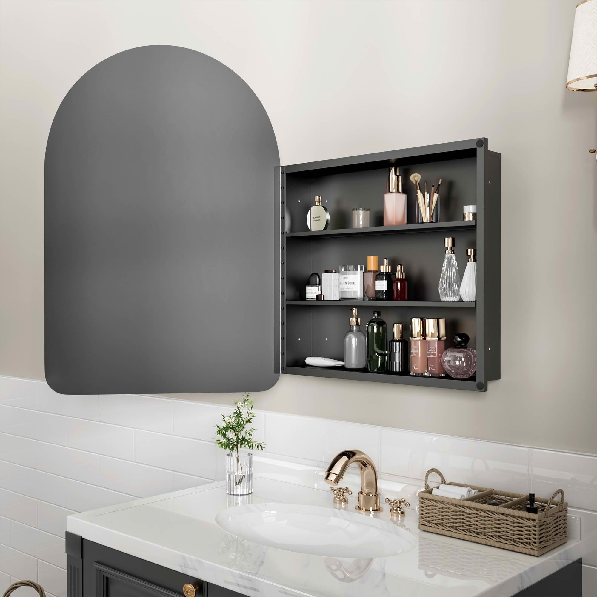 MAYEERTY 36x24x5 Inch Black Metal Round Corner Arched Medicine Cabinet for Bathroom