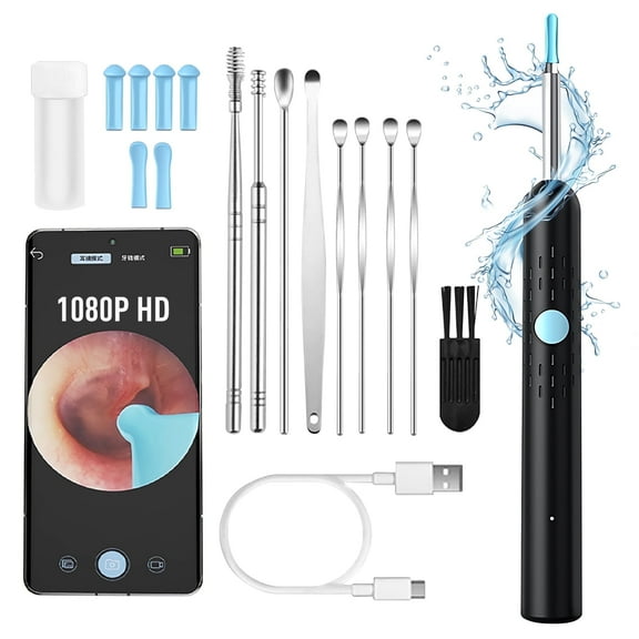 Ear Wax Removal Tool with Camera, Ear Cleaner with Otoscope, 6 Ear Spoon Covers & 9 Earpicks, Anti-Fall Off Eartips, IP67 Waterproof 1080P HD Camera for iPhone and Android, Black