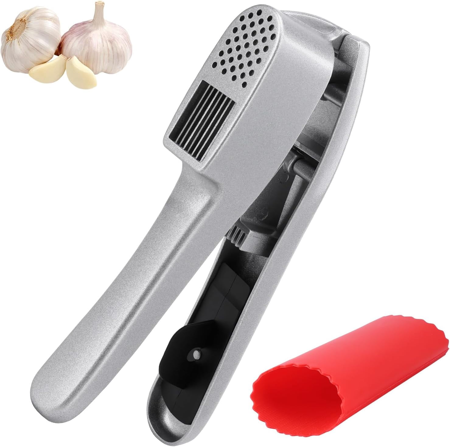 CATPAN Garlic Press and Peeler Set - Silicone Garlic Peeler Tube Roller and Aluminium Garlic Press with Built-In Cleaning Tool Garlic Crusher, Mincer & Peeler for Unpeeled Garlic Cloves