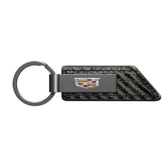 iPick Image for Cadillac Crest Logo Black Chrome Metal Plate Carbon Fiber Texture PU Leather Key Chain, Official Licensed