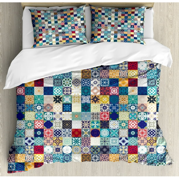 Moroccan Duvet Cover Set Oriental Eastern Pattern With Grid Style