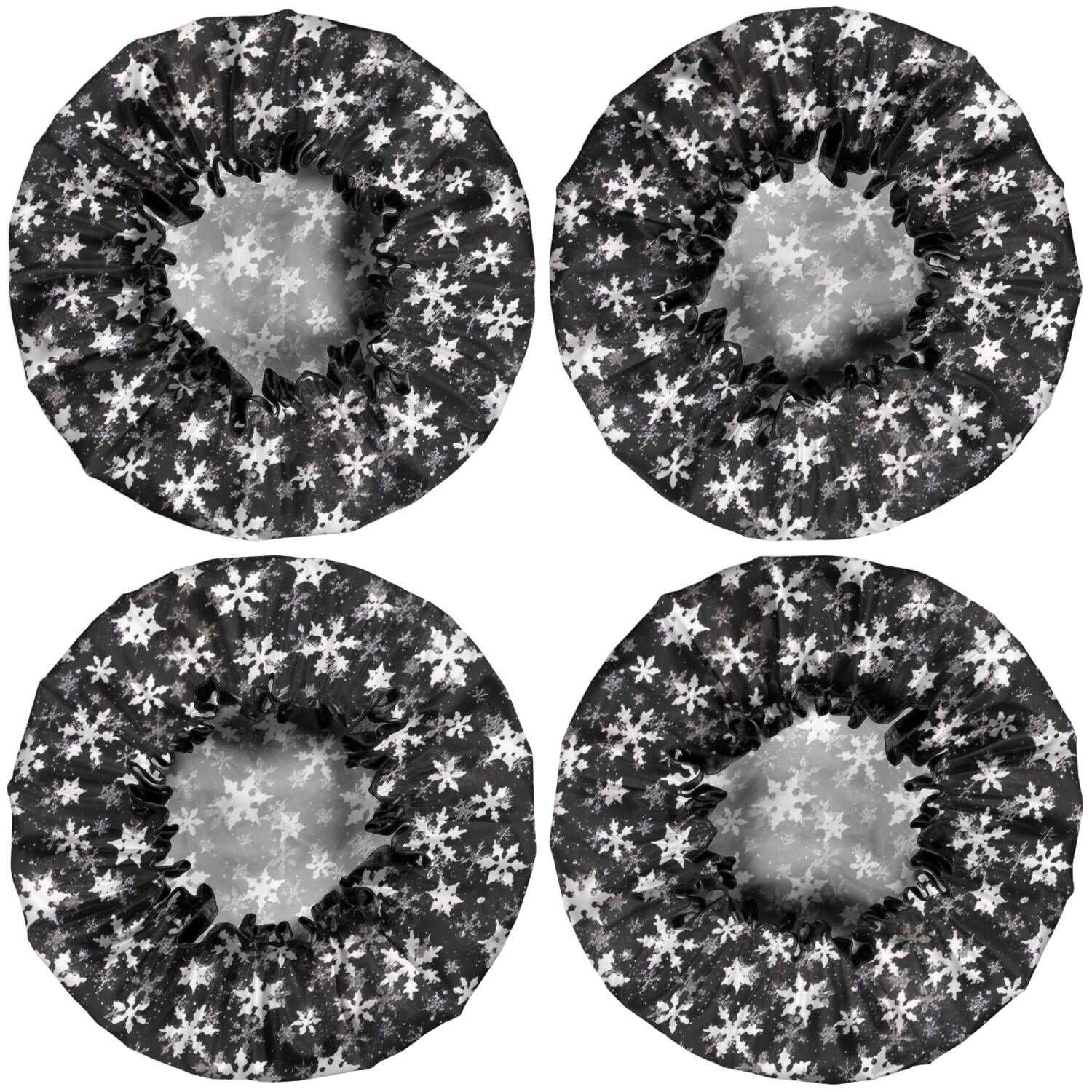 Shower Caps,Black Christmas Snowflake Pattern Waterproof Shower Cap for Women 4 Pieces,Double Reusable Hair Cover for Shower PEVA Elastic Stretch Hem