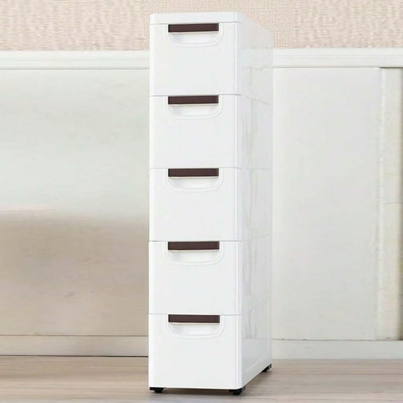 5 Drawers Slim Bathroom Storage Cabinet Dresser, Narrow Plastic Rolling Cart Organizer with Drawers, for Small Spaces, Kitchen, Laundry, White