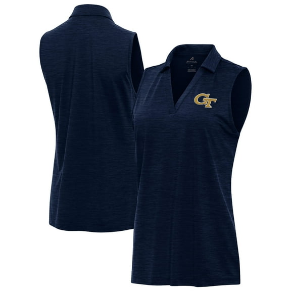 Women's Antigua Heather Navy Georgia Tech Yellow Jackets Layout Sleeveless V-Neck Polo