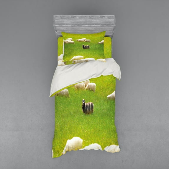 Ambesonne Nature Bedding Set 3 Pcs, Black Sheep White Goats, Twin XL, Fern Green Cream