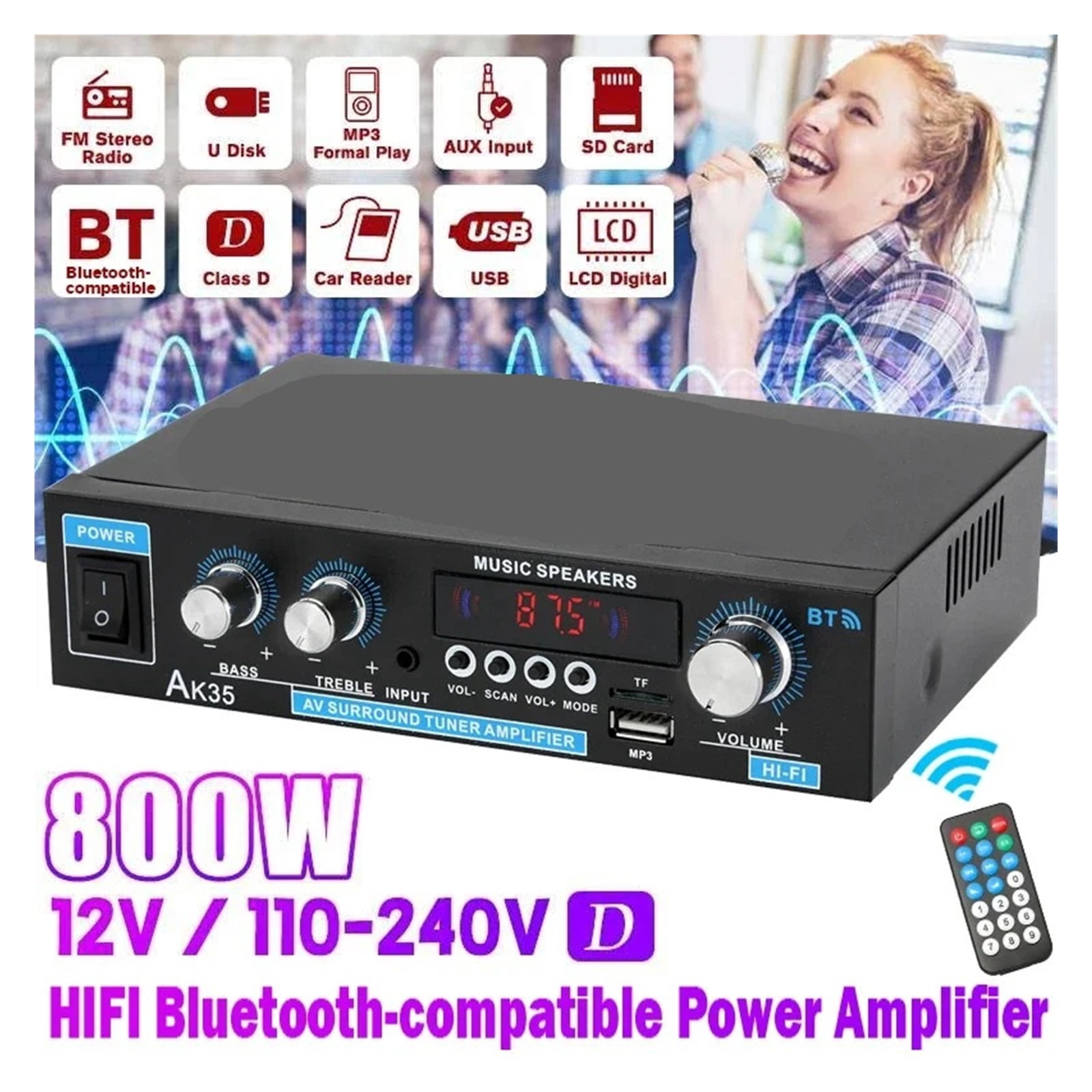 Home Power Amplifier 2 Channel Bluetooth 5.0 Mini Hifi Digital Stereo Sound Amplifier