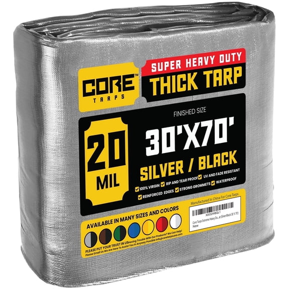 Core Tarps 20 Mil Heavy Duty Tarp Tarpaulin Waterproof Cover, Silver/Black 30' x 70'