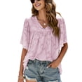 thumbnail image 1 of Camisas de jacquard de verano para mujer, blusa elegante con mangas acampanadas y cuello en V con volantes de Color puro para citas, 1 of 8